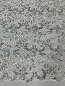 Metallic Floral Lace Fabric - Silver - Embroidered Sequins Floral Design Sold By Yard