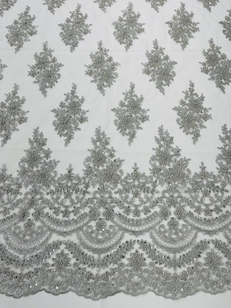 Beaded Flower Cluster Fabric - Metallic Silver - Embroidered Beaded Fancy Border Floral Fabric Sold By Yard