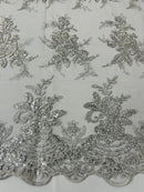 Floral Plant Lace Fabric - Metallic Silver - Flower Plant Design Lace Sequins Fabric Sold By Yard