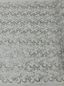 Metallic Floral Lace Fabric - Silver - Embroidered Sequins Floral Design Sold By Yard