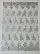 Floral Plant Lace Fabric - Metallic Silver - Flower Plant Design Lace Sequins Fabric Sold By Yard