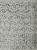 Metallic Floral Lace Fabric - Silver - Embroidered Sequins Floral Design Sold By Yard
