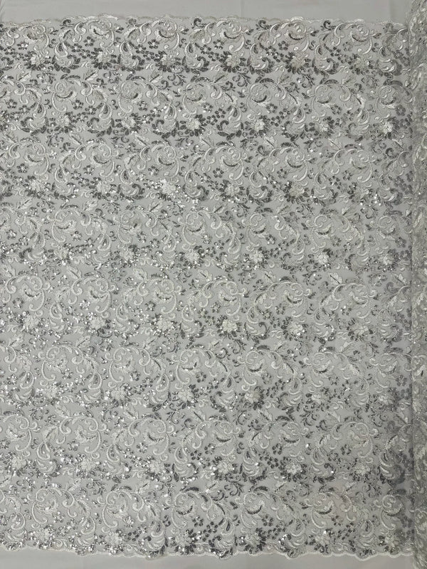 Metallic Floral Lace Fabric - Silver - Embroidered Sequins Floral Design Sold By Yard