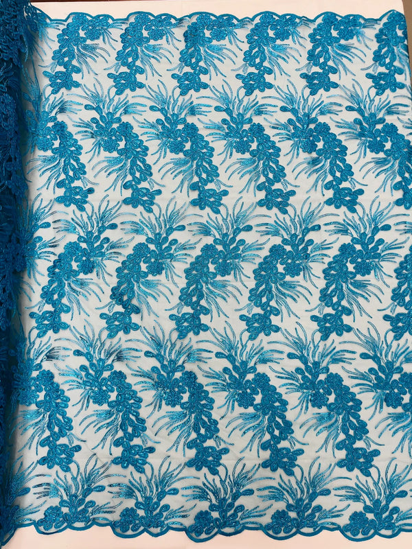 Floral Plant Cluster Fabric - Turquoise - Embroidered High Quality Lace Fabric Sold by Yard