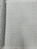 Metallic Floral Lace Fabric - White/Silver - Embroidered  Flower Design on Lace Mesh Fabric By Yard