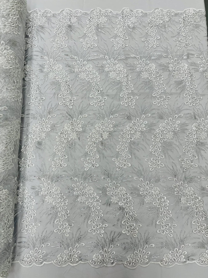 Floral Plant Cluster Fabric - White / Silver - Embroidered High Quality Lace Fabric Sold by Yard