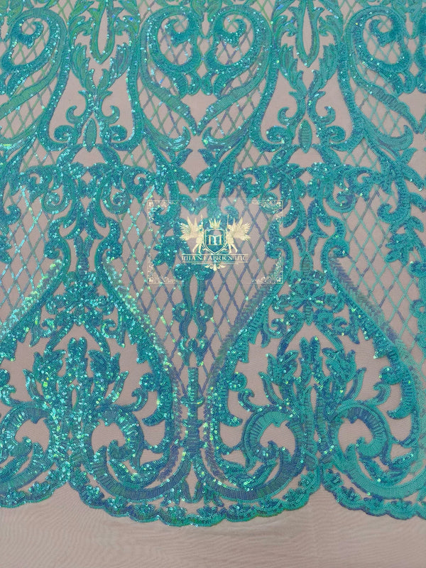 Heart Damask Sequins - Mint - 4 Way Stretch Elegant Shiny Net Sequins Fabric By Yard