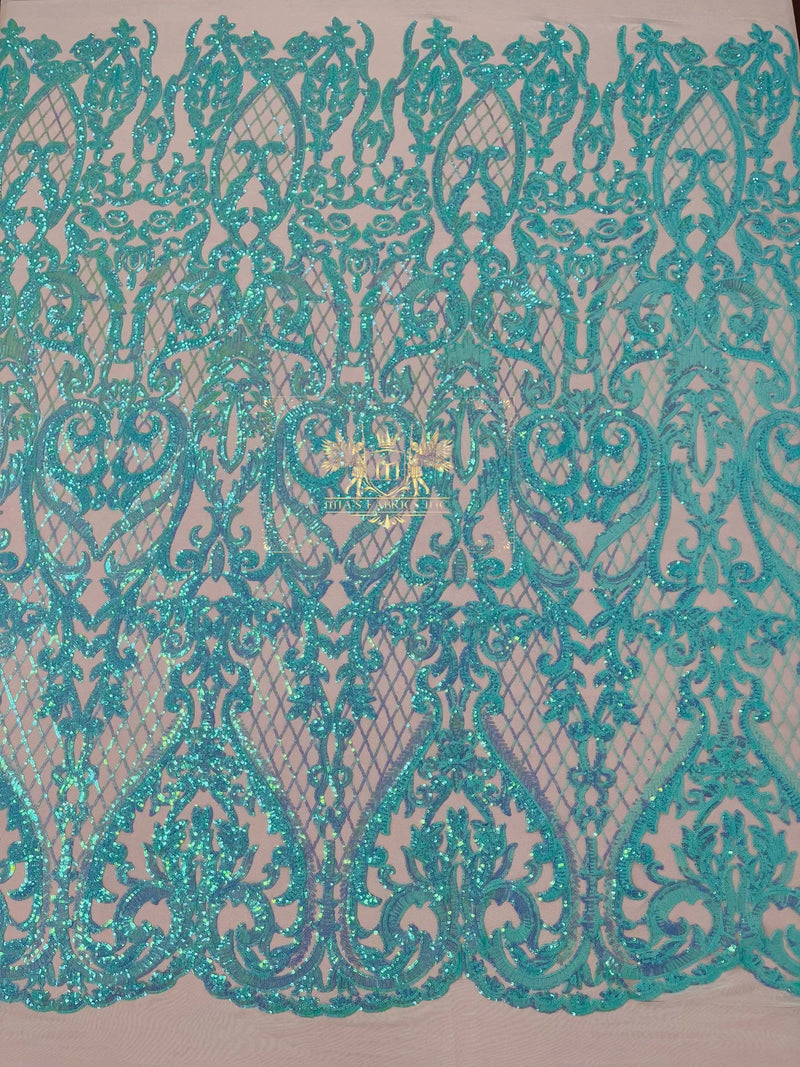Heart Damask Sequins - Mint - 4 Way Stretch Elegant Shiny Net Sequins Fabric By Yard
