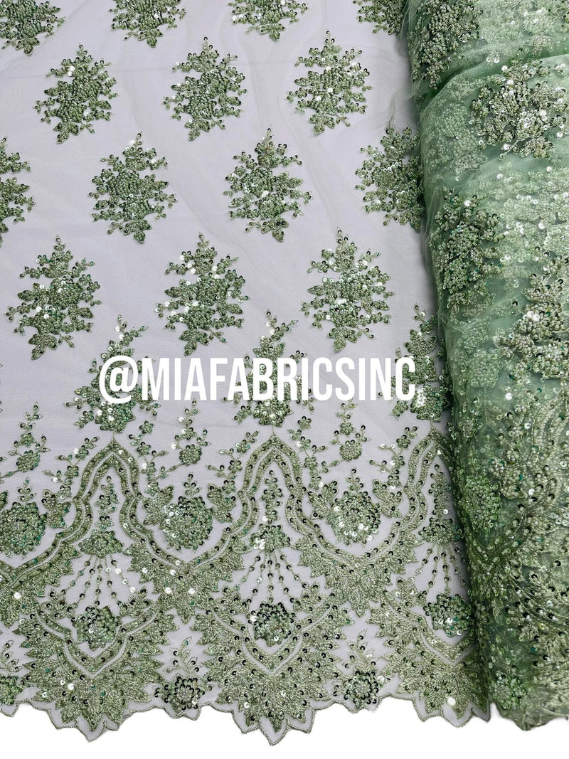 Round Flower Beaded Fabric - Mint - Embroidered Fashion Design Beads and Sequins On Mesh by The Yard