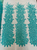 3D Beaded Peacock Feathers - Mint - Vegas Design Embroidered Sequins and Beads On a Mesh Lace Fabric (Choose The Panels)