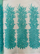 3D Beaded Peacock Feathers - Mint - Vegas Design Embroidered Sequins and Beads On a Mesh Lace Fabric (Choose The Panels)