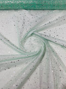 Foil Star Organza - Silver On Mint - 60" Sheer Silver Star Organza Fabric Sold By Yard