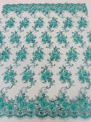 Flower Lace Fabric - Mint - Embroidered Roses With Sequins on a Mesh Lace Fabric By Yard