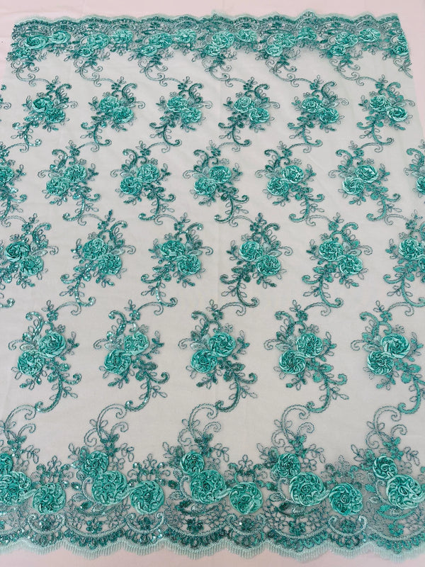 Flower Lace Fabric - Mint - Embroidered Roses With Sequins on a Mesh Lace Fabric By Yard