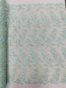 Floral Plant Cluster Fabric - Mint - Embroidered High Quality Lace Fabric Sold by Yard