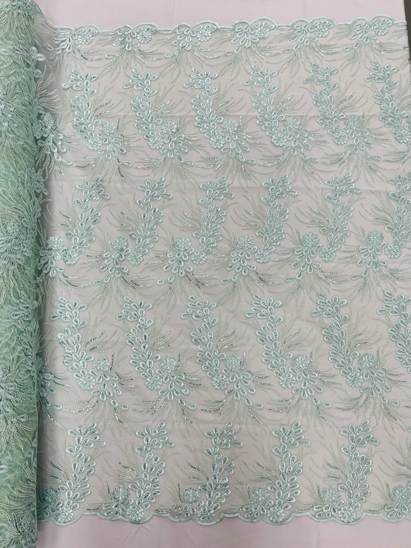 Floral Plant Cluster Fabric - Mint - Embroidered High Quality Lace Fabric Sold by Yard