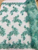 3D Flowers and Rhinestone - Mint - Elegant Realistic Flowers Embroidered On Lace Fabric By Yard