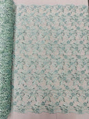 Small Flower Fabric - Mint - Floral Plant Embroidered Design on Lace Mesh By Yard