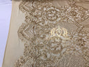Sequins - Gold - 4 Way Stretch Fancy Fabric Embroidered On Mesh Sold By The Yard