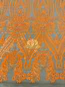 Big Damask Sequins Fabric - Orange on Coffee Mesh - 4 Way Stretch Damask Sequins Design Fabric By Yardhh