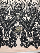 Black - Sequins 4 Way Stretch Fabric Embroidered On Mesh Sold By The Yard
