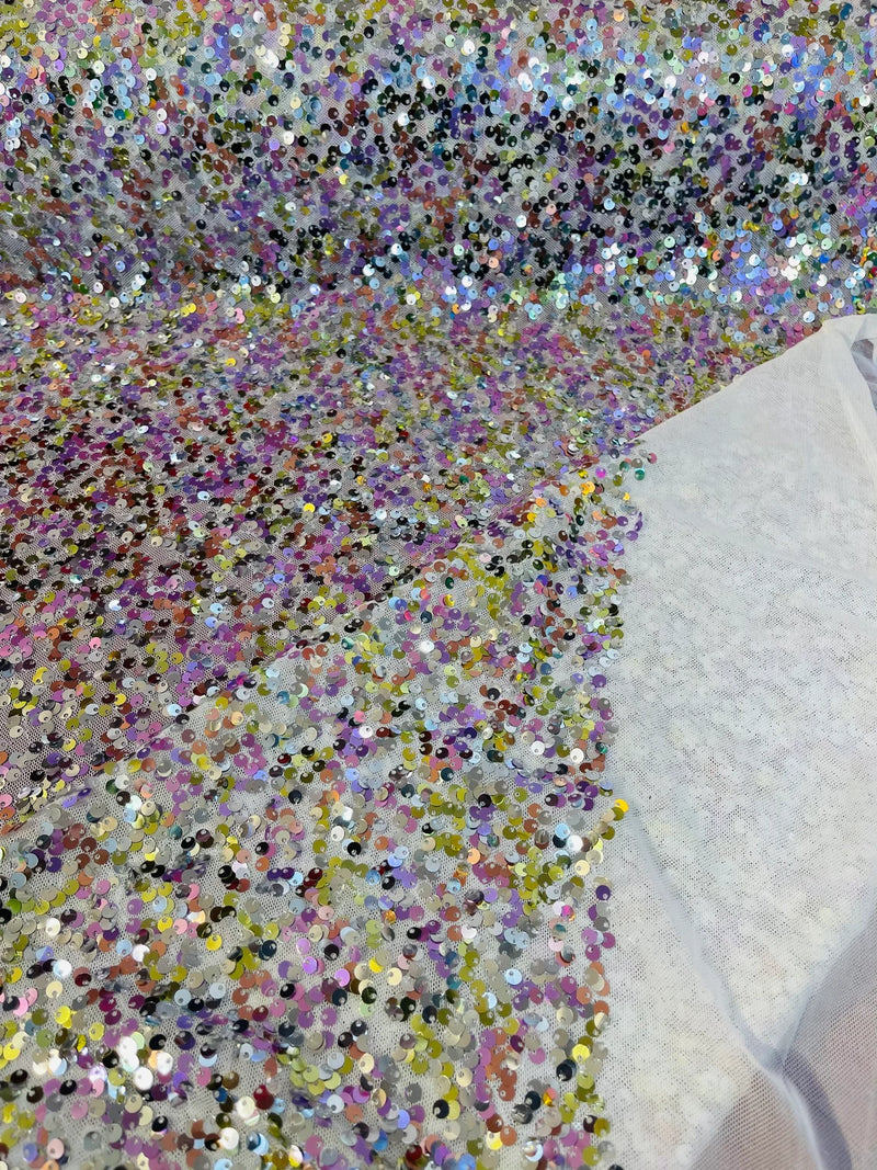 Multi-Color Sequins Mesh - Pink / Gold / Silver - Shiny Sequins Design on Spandex Mesh Fabric By Yard