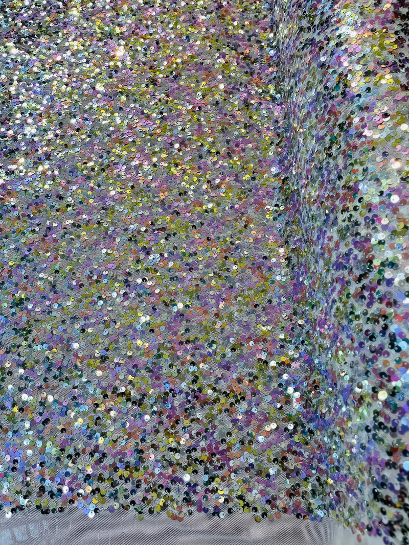 Multi-Color Sequins Mesh - Pink / Gold / Silver - Shiny Sequins Design on Spandex Mesh Fabric By Yard