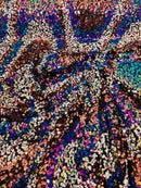 Multi-Color Wavy Sequins - Multi-Color Green/Orange/Pink/White - Sequins Design on Black Mesh Fabric Sold By Yard
