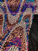 Multi-Color Wavy Sequins - Multi-Color Green/Orange/Pink/White - Sequins Design on Black Mesh Fabric Sold By Yard