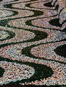 Multi-Color Wavy Sequins - Multi-Color Iridescent / Hunter Green - Sequins Design on Black Mesh Fabric Sold By Yard