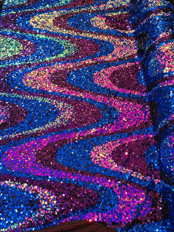 Multi-Color Wavy Sequins - Multi-Color Magenta/Blue/Purple/Aqua - Sequins Design on Black Mesh Fabric Sold By Yard