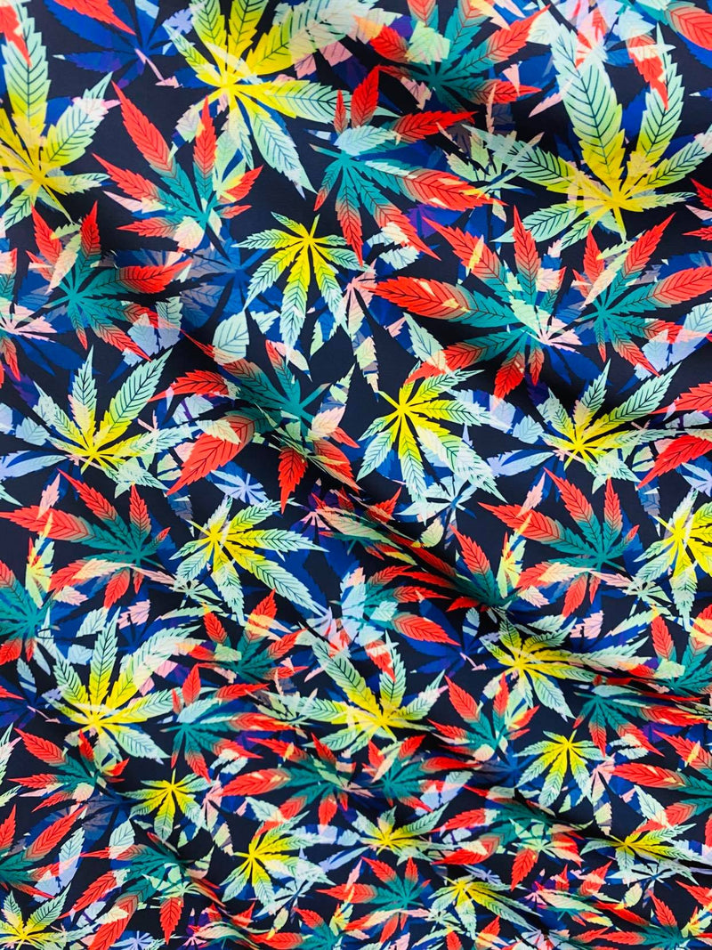 Leaf Plant Print Fabrics Blue Multi-Color On Lycra Spandex Fabric Print Fabric Sold By Yard