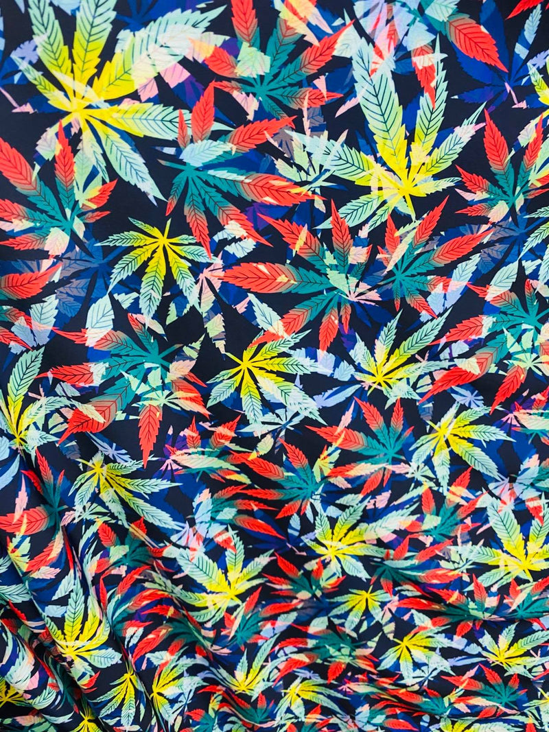 Leaf Plant Print Fabrics Blue Multi-Color On Lycra Spandex Fabric Print Fabric Sold By Yard