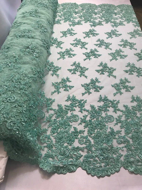 Mint Beaded Bridal Lace, Sold By The Yard Embroidered Floral Wedding Beaded Fabric with Sequin