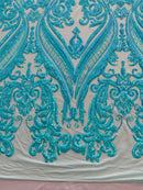 Big Damask Sequins Fabric - Mint Iridescent - 4 Way Stretch Damask Sequins Design Fabric By Yard