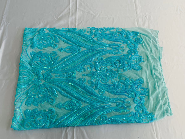 Big Damask Sequins Fabric - Mint Iridescent - 4 Way Stretch Damask Sequins Design Fabric By Yard