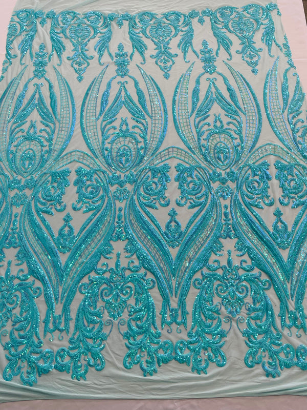 Big Damask Sequins Fabric - Mint Iridescent - 4 Way Stretch Damask Sequins Design Fabric By Yard