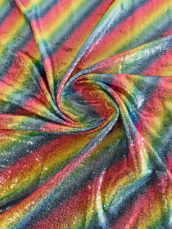 Mini Glitz Sequins - Multi-Color Rainbow (Diagonal Lines) - Shiny Sequins Mesh Fabric Sold By Yard