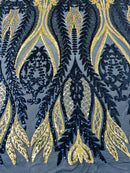 Mermaid Design Sequins Fabric - Navy Blue / Gold - Sequins Fabric 4 Way Stretch on Mesh By Yard