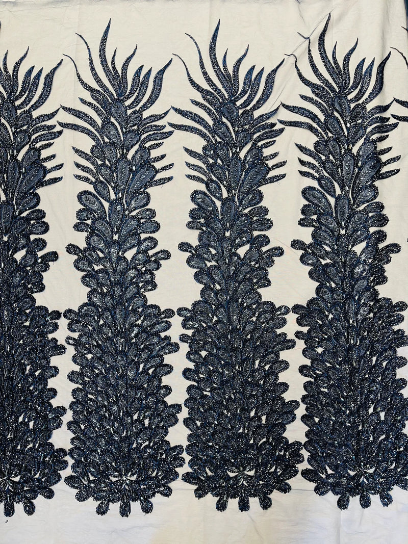 3D Beaded Peacock Feathers - Navy Blue - Vegas Design Embroidered Sequins and Beads On a Mesh Lace Fabric (Choose The Panels)