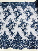 Damask Lace - Floral Damask Design Embroidered on Mesh Lace Fabric - 25 Yard Roll