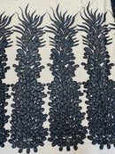 3D Beaded Peacock Feathers - Navy Blue - Vegas Design Embroidered Sequins and Beads On a Mesh Lace Fabric (Choose The Panels)