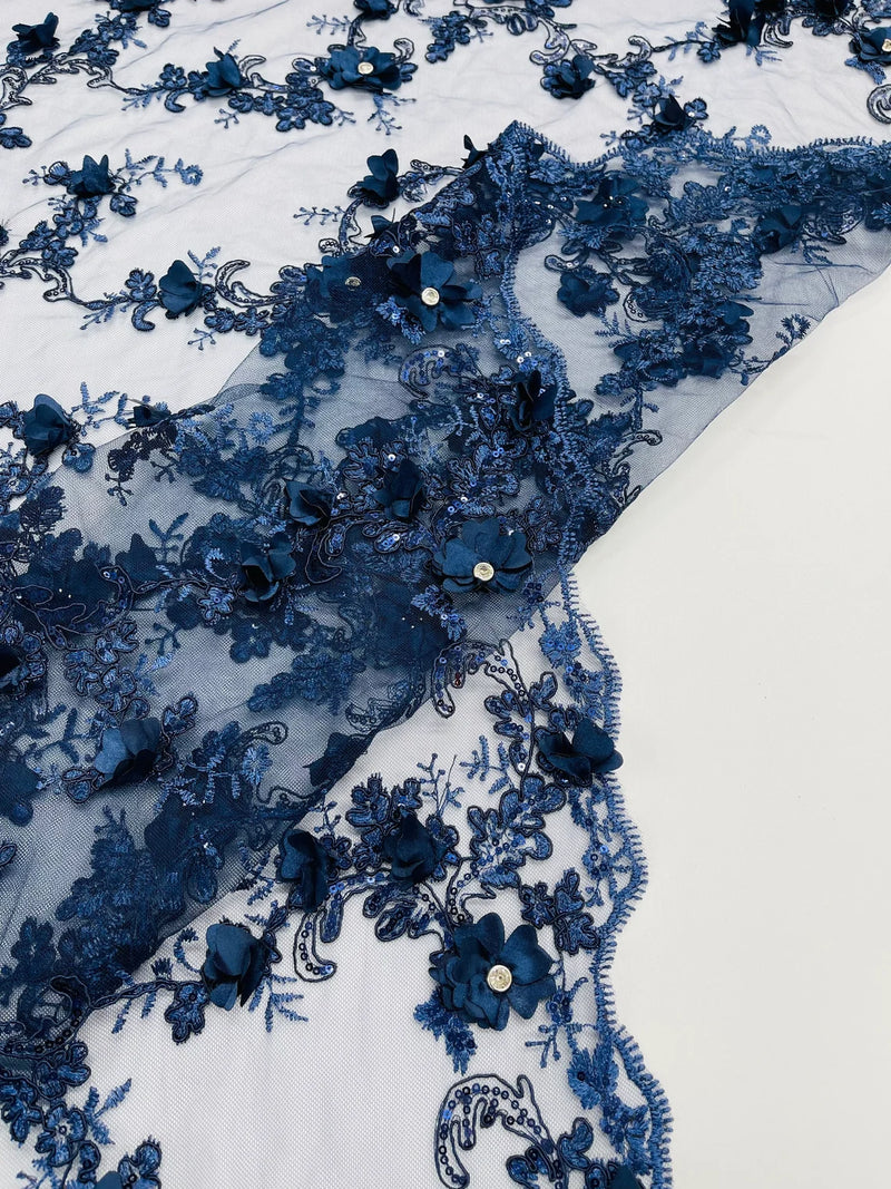 3D Lace Flower Fabric - Navy Blue - Embroidered Sequins and 3D Floral Patterns on Lace By Yard