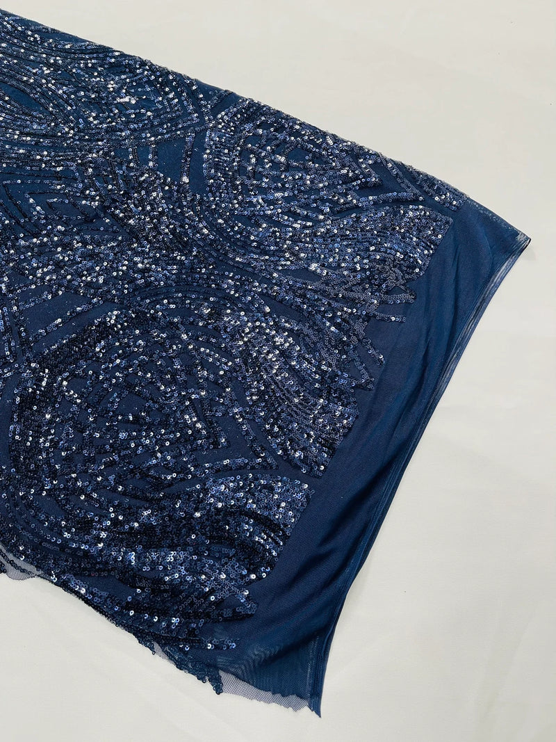 Long Wavy Pattern Sequins - Navy Blue - 4 Way Stretch Sequins Fabric Line Design By Yard