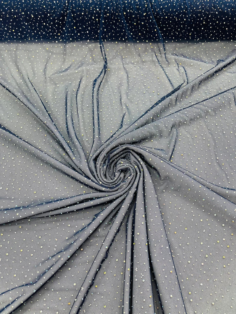 Power Mesh Polyester Rhinestone Fabric - Navy Blue - 4 Way Stretch Power Mesh Fabric Crystal Stones By Yard