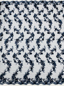 3D Lace Flower Fabric - Navy Blue - Embroidered Sequins and 3D Floral Patterns on Lace By Yard