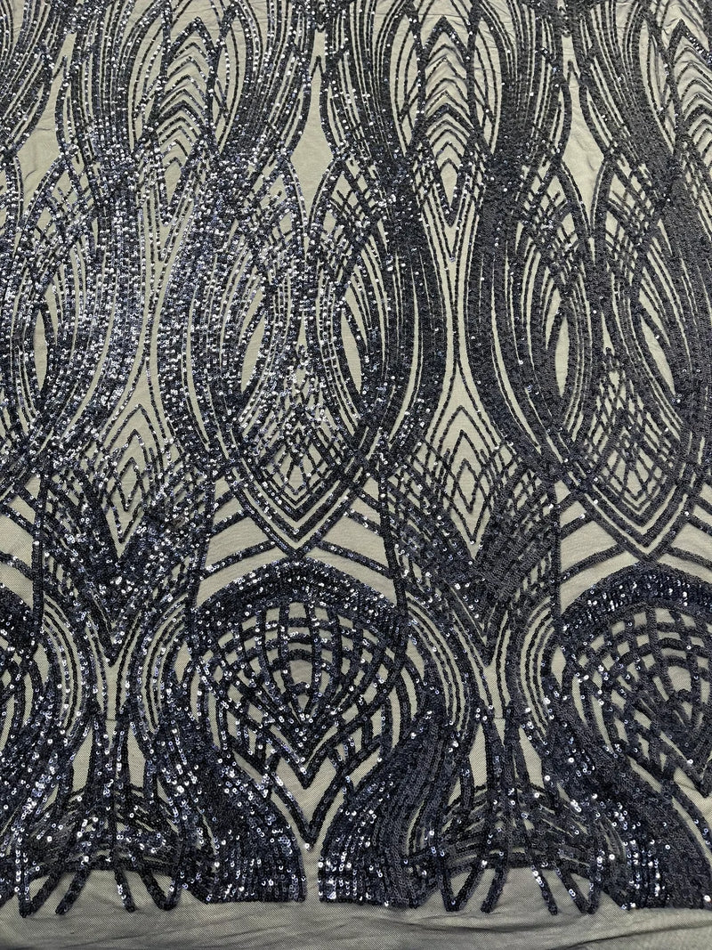 Long Wavy Pattern Sequins - Navy Blue - 4 Way Stretch Sequins Fabric Line Design By Yard