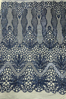 Elegant Floral Leaf Design - Navy Blue - 4 Way Stretch Sequins Lace Spandex Fabric By Yard