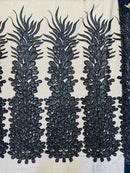 3D Beaded Peacock Feathers - Navy Blue - Vegas Design Embroidered Sequins and Beads On a Mesh Lace Fabric (Choose The Panels)