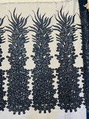 3D Beaded Peacock Feathers - Navy Blue - Vegas Design Embroidered Sequins and Beads On a Mesh Lace Fabric (Choose The Panels)